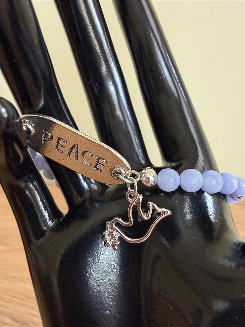 HAND CRAFTED BLUE AGATE PEACE BRACELET Dove Charm Beaded Stretch Jewelry - Picture 8 of 9